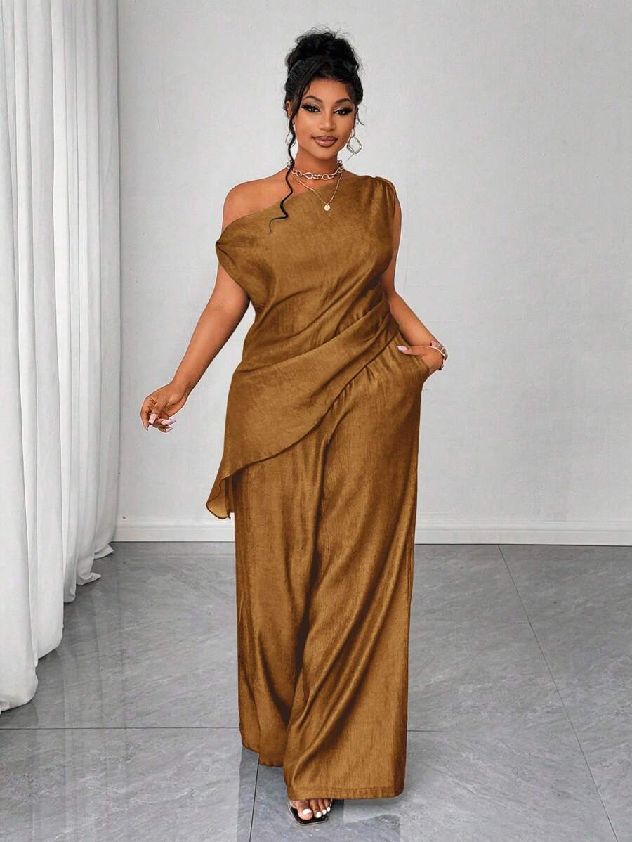 Maweii Plus Size Women's Fashion Casual Asymmetric Shoulder Top & Loose Pants 2 Pieces Set - Coffee Brown - View 1