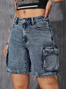 SHEIN ICON 女式休闲磨边口袋牛仔短裤