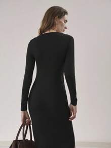 Uhlyne Uhlyne Women's Elegant Black Autumn Office Wear Knit Dress,Minimalist Metal Buckle Off Shoulder Long Sleeve Twist Waist Slit Casual Vacation Cloth - Black - View 2
