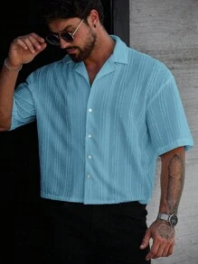 Manfinity Homme Camisa casual de verano para hombre de unicolor, de manga corta y de solapa única para uso diario - Celeste - Ver 6
