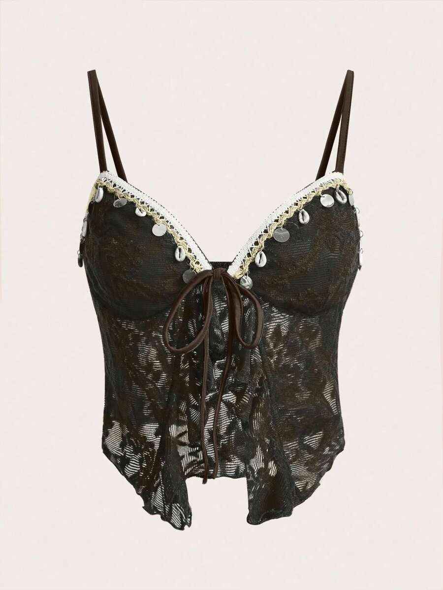 SHEIN ICON Textured Jacquard Fabric Slit Hem Bohemian Style Camisole Top - Coffee Brown - View 1