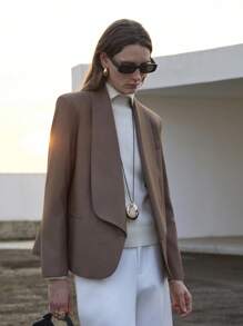 Uhlyne 女式不对称领宽松长袖 TR 羊毛混纺西装外套 - 棕色 - 查看 5