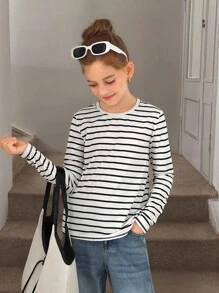 SHEIN Tween 女童常规条纹长袖 T 恤，休闲春秋季 - 白色 - 查看 3