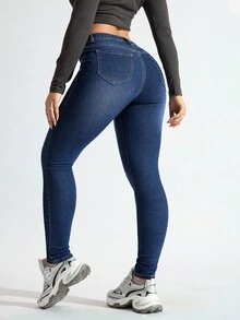 SHEIN ICON 大码休闲水洗深蓝色修身紧身牛仔裤