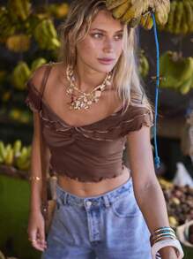 Aralina Off The Shoulder Double Ruffle Crop Festival Top - Brown - View 1