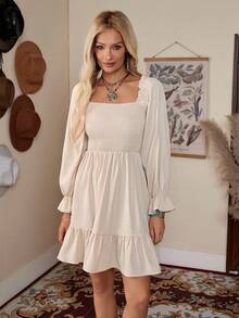 LanaWest Square Neck Shirred Bodice Flounce Sleeve Ruffle Hem Dress