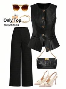 Ellevyn 女士秋季西装 PU 皮革黑色机车夹克背心 女士机场装 女士教师装 商务休闲女装皮革上衣 商务休闲派对女装 旧款秋季女装上衣带衬里黑色 PU 秋季衬衫夹克 金属纽扣衬衫 商务休闲女装 商务职业女性 冬季夹克 返校女装教师装 - 黑色 - 查看 8