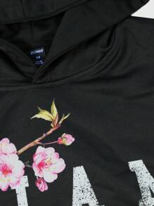 ROMWE MEN Anime Men's Floral Print Patchwork Hoodie Sweatshirt, Suitable For Everyday Wear - Black - View 7