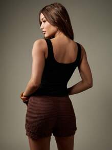 MISSGUIDED Crochet Knitted Hot Pants Festival Beach Shorts Summer Boho Chic Bohemian Crocheted Bottoms Holiday Vacation Resort Style Lounge Bottoms - Brown - View 2