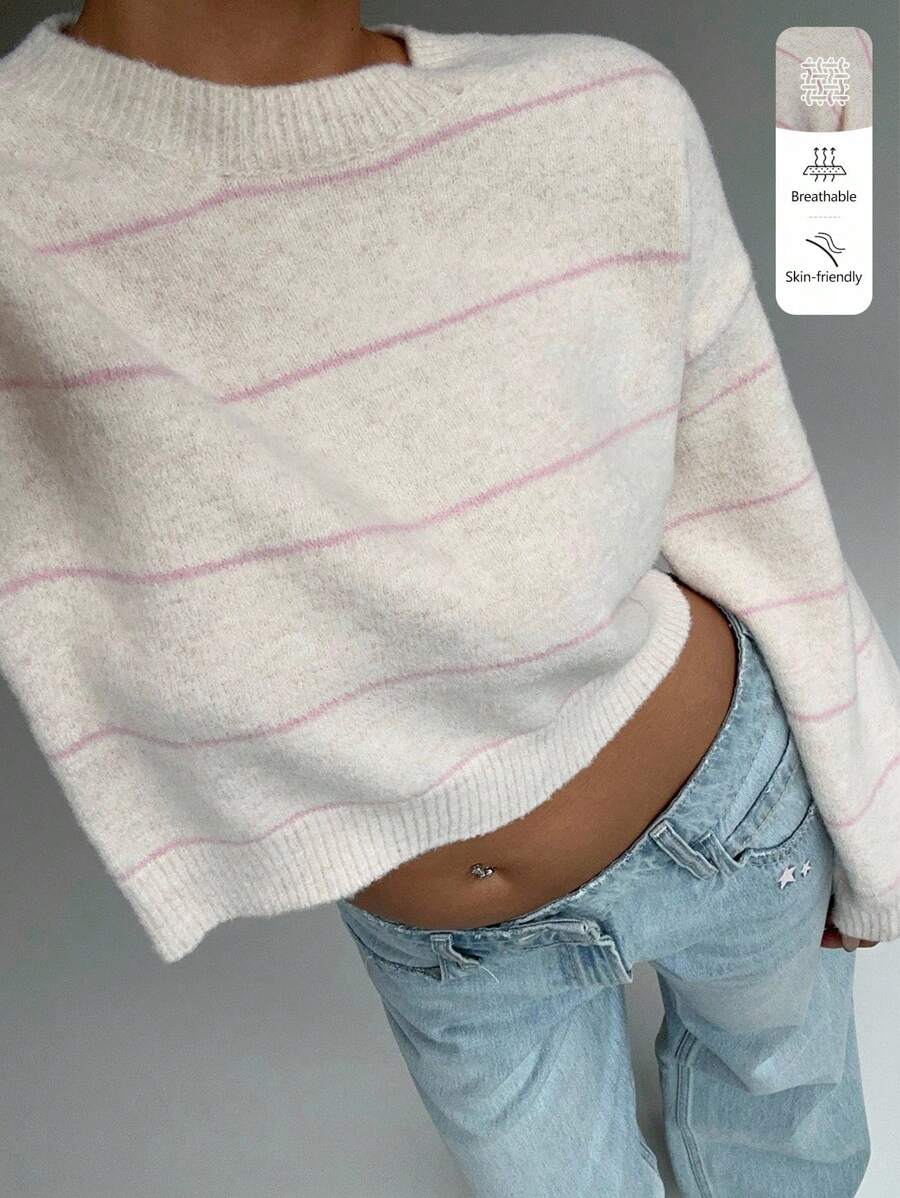 FavEase 女式条纹落肩长袖短款休闲套头衫针织套头衫秋冬 - 彩色 - 查看 1