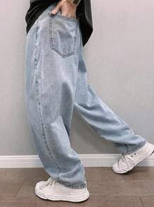 Manfinity Roghcode 大码男士牛仔宽松锥形工装裤 - 淺色水洗藍 - 查看 3