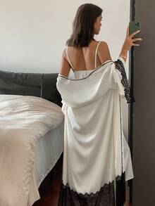 DAZY Women's Sleepwear Pajama Set: Contrast Color Lace Patchwork Belted Robe & Slip Sleep Dress Pajama Fall Winter Clothes - Beige - View 2
