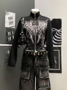 StreetHx 时尚朋克风格印花女式轻便夹克 - 黑色 - 查看 3