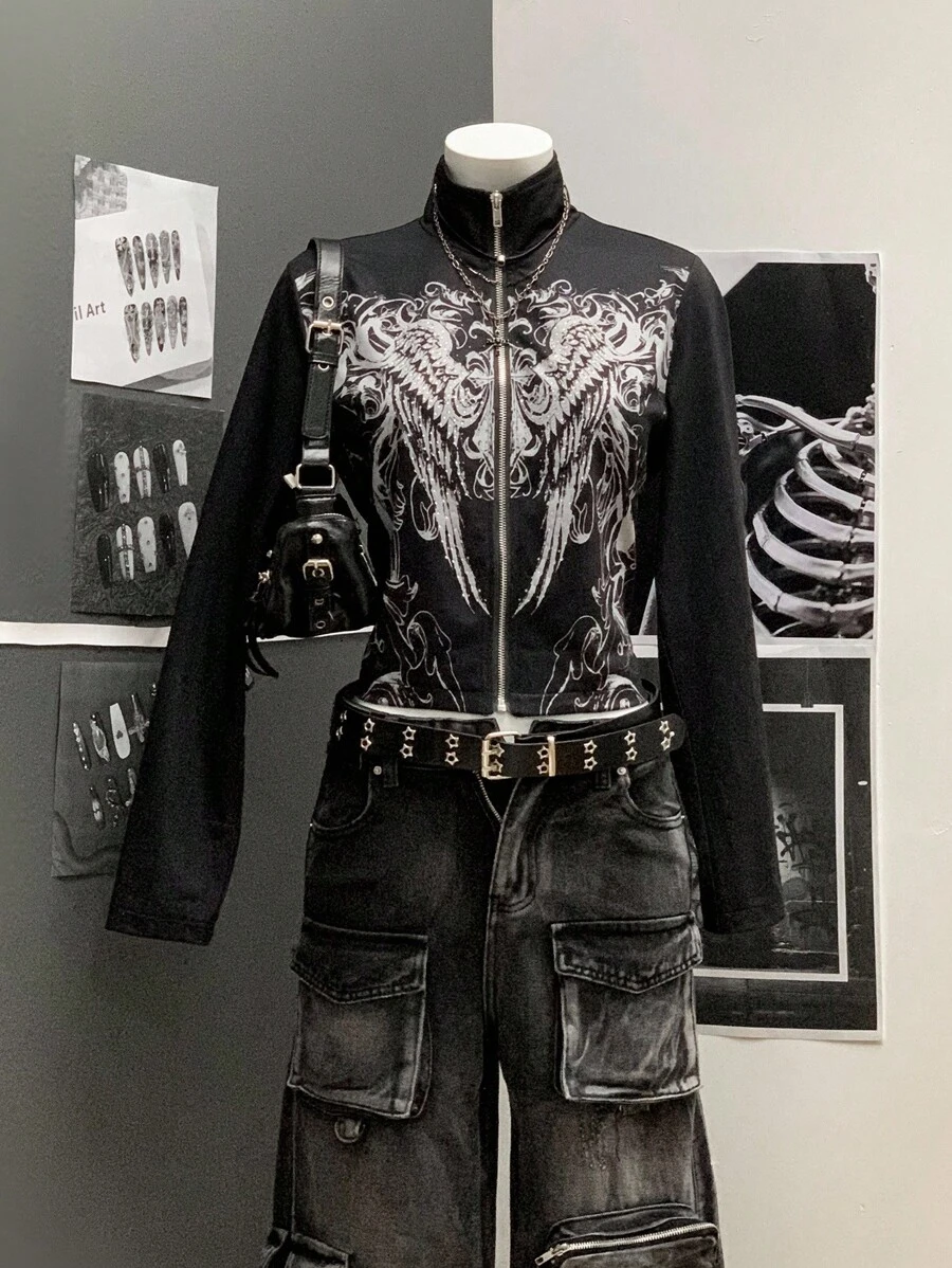 StreetHx Fashionable Punk Style Printed Women's Lightweight Jacket Fall Winter Cloth For Women - Black - View 1