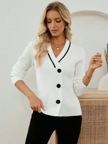 EMERY ROSE Cárdigan de mujer casual y versátil de color blanco con contraste, cárdigan de cuello en V, cárdigan acanalado, cárdigan casual de negocios para otoño, invierno y otoño con abotonadura - Blanco - Ver 7