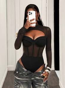 SHEIN X Scot Louie BamGleam 性感镂空钢圈胸罩杯半透明长袖女式紧身衣，秋季 - 黑色 - 查看 4
