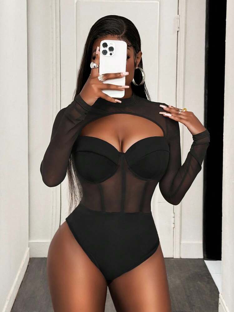 BamGleam Bodysuit Sexy com Decote Vazado, Armação e Manga Longa Semitransparente para Mulheres, Outono - Preto - Visão 6