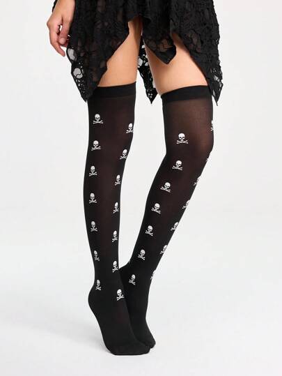 Grunge Punk Calcetines altos hasta el muslo con estampado aleatorio de calaveras en negro, estilo gótico y punk, versátiles para fiestas, reuniones, eventos sociales y Halloween