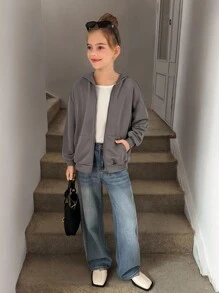 SHEIN Tween Girl Loose Casual Street Gray Ultra Loose Drop Shoulder Back Letter Star Print Hooded Zipper Sweatshirt Jacket,In Fall/Winter - Grey - View 4