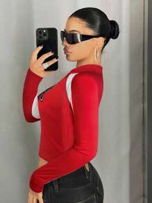 SHEIN ICON Women's Tight Fit T-Shirt With Stand Collar, Color Block Patchwork & Rivet Decor - Red and White - View 4