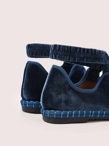 CUCCOO DOLLMOD CUCCOO Women's Navy Blue Velvet Comfortable Soft Criss-Cross Mary Jane Flats For Christmas Spring Shoes - Dusty Blue - View 8