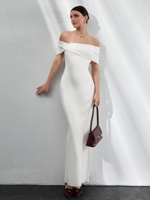 CLARA VERO Casual Off Shoulder Bardot Neckline Twist Detail On Neckline Maxi Back Slit Maxi Dress For Special Occasions,Petite - White - View 3