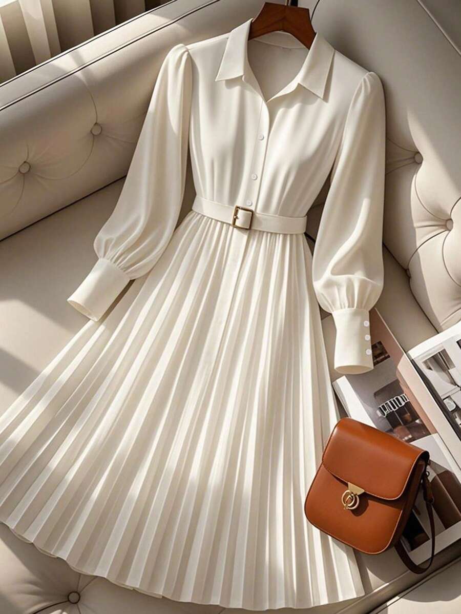 Franclia Waist-Cinching Flattering Long Sleeve Cinched Waist Pleated Button Up Shirt White Belt  Dress Fall Clothes For Women,Business Casual Outfits Women ,Wedding Guest Dress Women