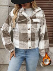 Editum Women's Reversible Plaid Fleece Jacket With Collar In Fall/Winter Spring Summer Elegant - Khaki - View 4