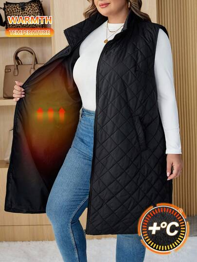 SHEIN CURVE+ Curve Plus Size/Autumn Clothes /Fall Women Clothes/Winter Clothes For Women/Winter ClothesWomen Plus Size Black Sleeveless Rhombus Quilted Pocket Mid-Long Padded Coat, Autumn/Winter Plus Size Quilted Vest Plus Size Black Vest Women 8xl Vest Curve Vest Plus Size Fall Vest/Autumn /Winter