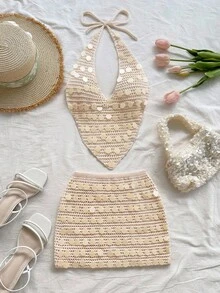 SHEIN x Eduarda Gutierrez Soleia 女士性感 V 领系带露背吊带背心和高腰亮片毛衣两件套，适合派对、圣诞节、约会、夜总会、海滩、游轮、下午茶、波西米亚风、波西米亚风、浪漫花卉、度假钩针两件套奶油色两件套亮片两件套海滩两件套秋冬 - 杏色 - 查看 6