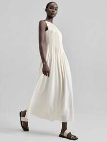 Ontre 2026 New Elegant Urban Style White Striped Flared Dress With Black Woven Straps,Apparel Pleated Top Ivory Dress Pleated Dress Flow Dress Modern Urban Casual Fashion Business Casual Women's Office Wear Low-Key Old Money Style Effortless Temperament High-End Urban Commuting High-Quality Airport Women's Wear High-End Material High-End, Elegant, Old-Fashioned Cruise Clothing High-End, Elegant, Old-Fashioned Cruise Clothing Advanced Craft Pleated Design Beach Clothing, Bohemian Style Vacation Wear, A