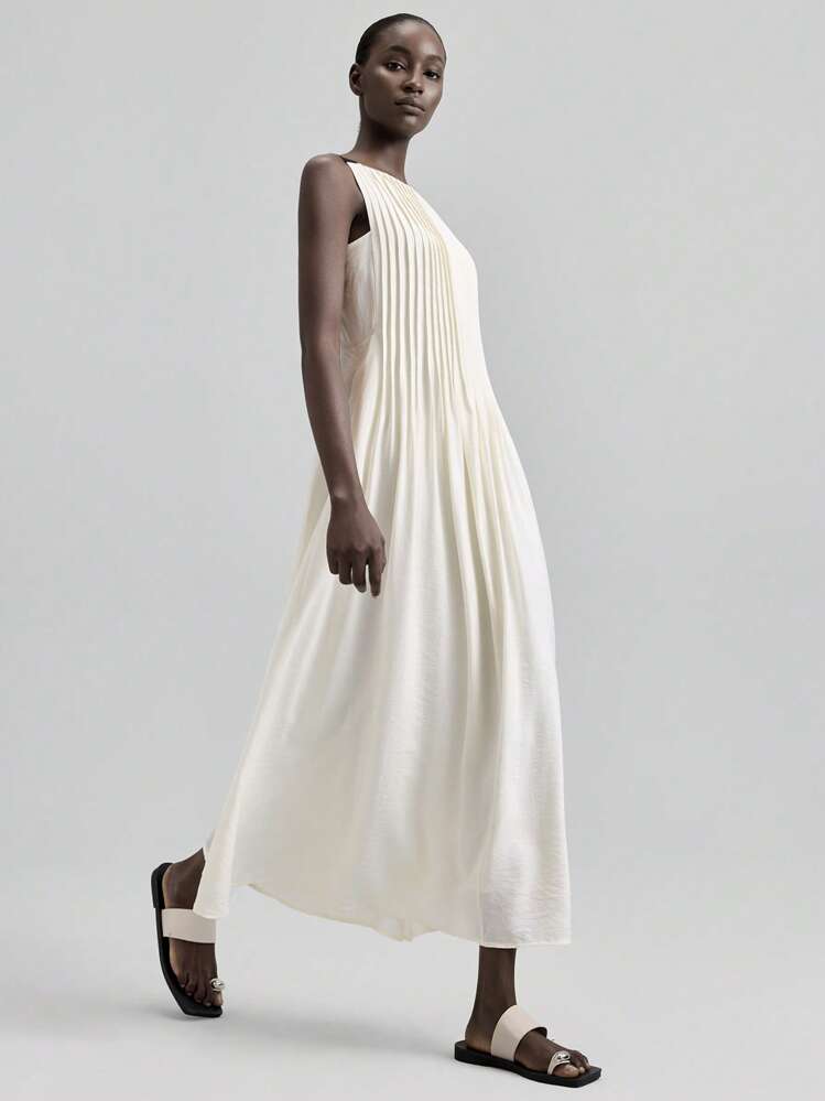 Ontre 2026 New Elegant Urban Style White Striped Flared Dress With Black Woven Straps,Apparel Pleated Top Ivory Dress Pleated Dress Flow Dress Modern Urban Casual Fashion Business Casual Women's Office Wear Low-Key Old Money Style Effortless Temperament High-End Urban Commuting High-Quality Airport Women's Wear High-End Material High-End, Elegant, Old-Fashioned Cruise Clothing High-End, Elegant, Old-Fashioned Cruise Clothing Advanced Craft Pleated Design Beach Clothing, Bohemian Style Vacation Wear, A - White - View 4