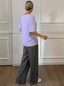 DAZY 2pcs Women Casual Loose Fit Letter Print Short Sleeve Top And Pants Set Pajama - Dusty Purple - View 2