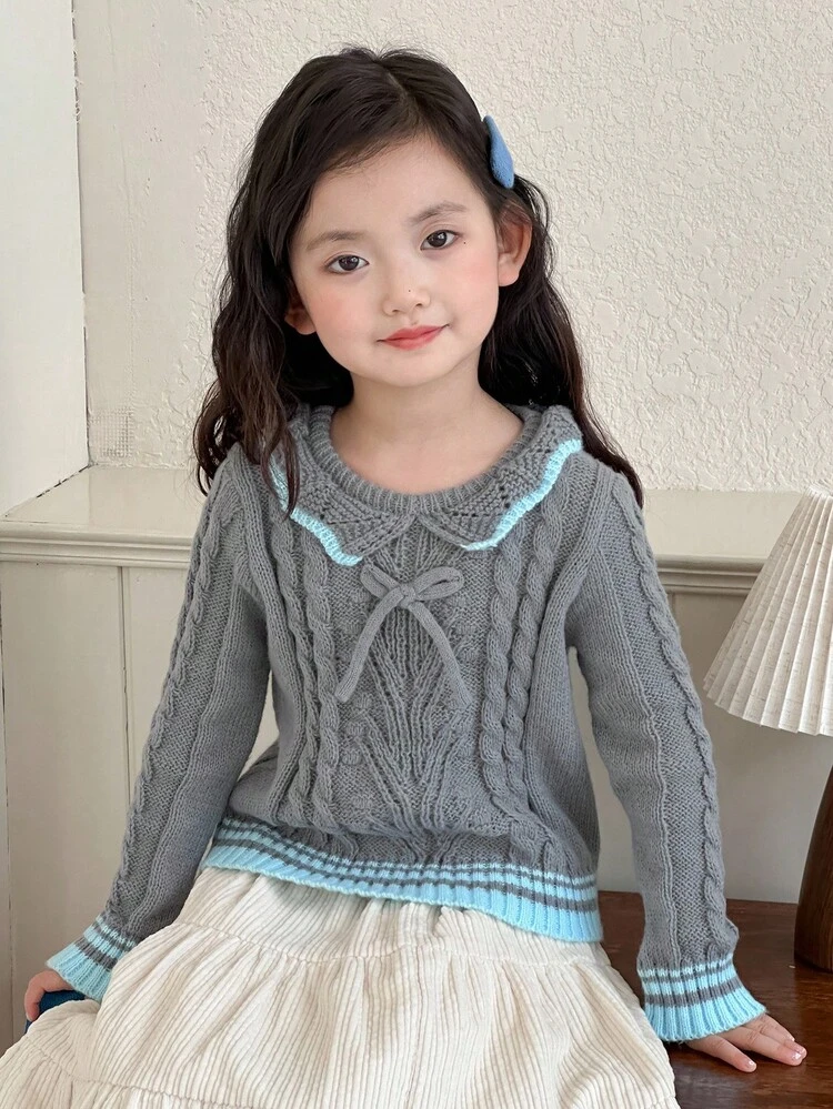 Girls' Crew Neck Butterfly Decor Cable Knit Sweater, Fall