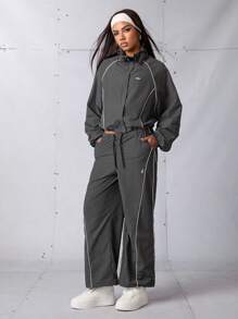 Exploreva 女士运动套装、返校装、毕业典礼、返校装、女士运动和瑜伽时尚运动服女士套装、慢跑和户外休闲装女士健身套装女士健身套装宽松版型、夹克和裤子套装、运动服 Y2k、 - 灰色 - 查看 1