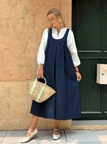 SHEIN Maternity Fall Autumn Back To School Homecoming Halloween Y2k Cute Birthday Outfit Night Out Going Out Club Outfit Airport Outfit Business Casual Woman Country Vintage Modest Old Money Business Casual Woman Work Clothes Teacher Outfits For Women Church Outfits Women Solid Color Casual Sleeveless Blue Denim Dress Can Be Worn In Two Ways: Front Or Back - Blue - View 3