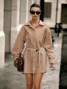 Hanevo Women's Casual Shirt Dress With Button And Belt Fall Cloth For Women - Khaki - View 6
