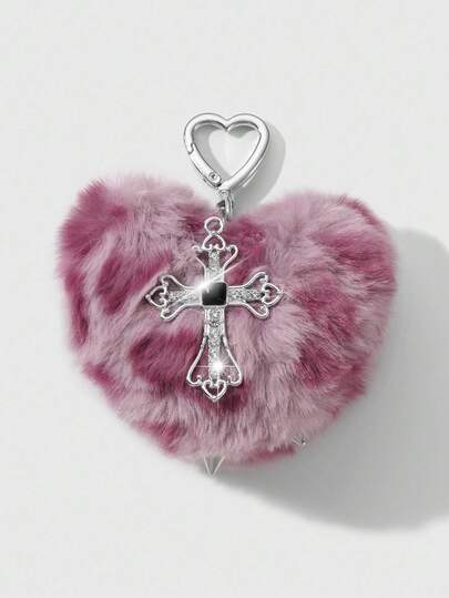 Kawaii 1pc Y2K Vintage Punk Chic High-End Faux Fur Leopard Print 3D Rivet Heart Crystal Hollow Cross DIY Keychain Bag Charm, Suitable For Women, Daily Wear, Holiday Gift