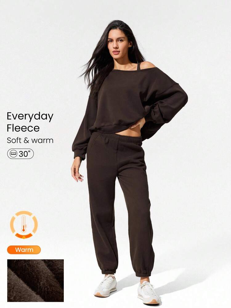 30" Pantalones jogger básicos de felpa con ajuste oversize, cintura con cordón ajustable y bolsillos laterales, para uso diario y casual