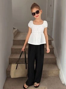 SHEIN Tween Girls Knit Textured Jacquard Ruched Ruffled Trim White Casual Blouse, Vacation/Country Style, Back-To-School, Sweet Top