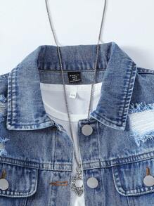 Sparklyn Tween Girls Y2K Style Denim Two Pieces Outfit, New Arrival For Autumn/Winter, Collegiate Style Jacket + Pleated Skirt Set, Casual Street Style Long Sleeve Distressed Denim Jacket + Denim Pleated Mini Skirt, Vintage Washed Mid-Blue Denim, Oversized Fashion Versatile Set, Denim New Arrival Set Fall - Medium Wash - View 6