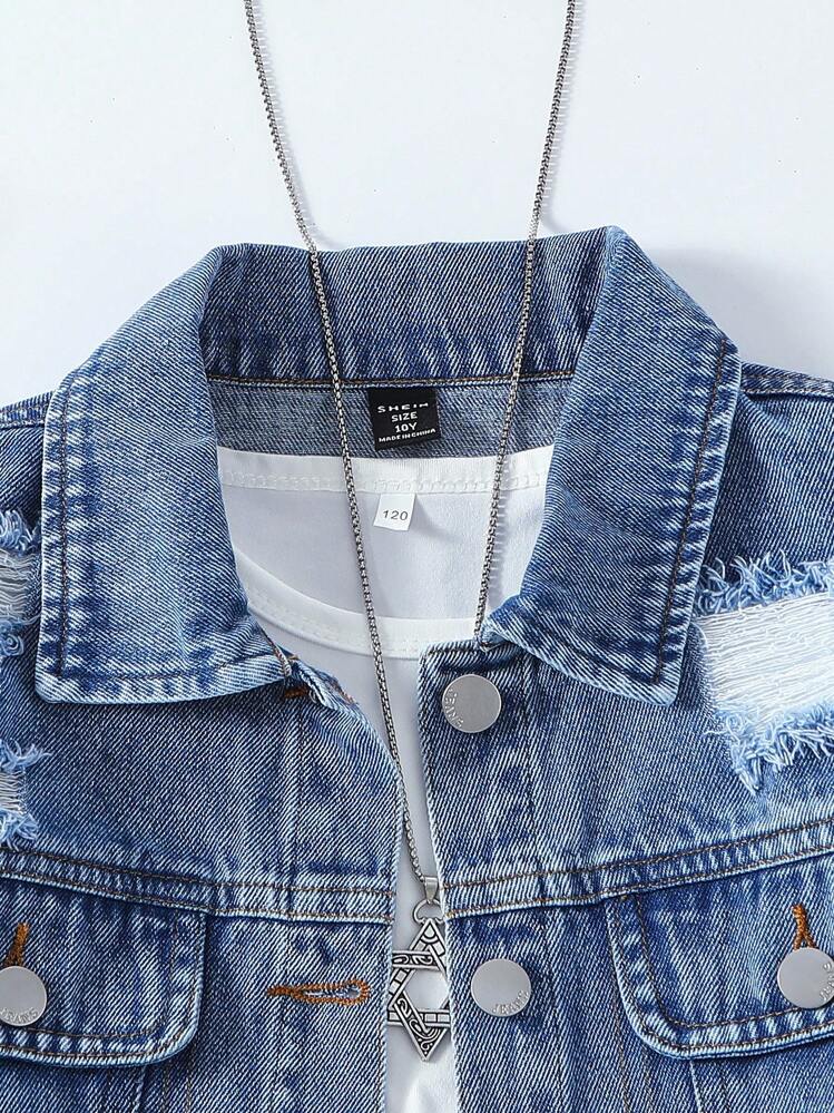 Sparklyn Conjunto de Duas Peças Estilo Denim Y2K para Meninas Pré-Adolescentes, Novo Lançamento para Outono/Inverno, Conjunto de Jaqueta Estilo Universitário + Saia Plissada, Jaqueta Denim Desgastada de Manga Longa Estilo Casual de Rua + Mini Saia Plissada Denim, Denim Lavado Vintage Azul Médio, Conjunto Versátil de Moda Oversized, Novo Conjunto Denim - Lavagem Média - Visão 6