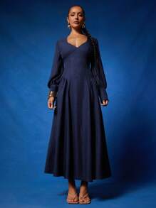 NYA SZN 连衣裙长袖深 V 领修身特殊场合端庄早午餐婚礼宾客新娘派对约会商务休闲长款秋季女士服装 - 藍色 - 查看 7