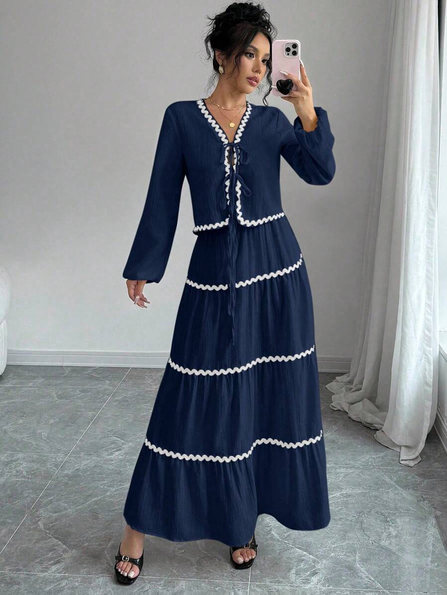 Rafferiza Women's French Elegant Lantern Sleeve Ruffle Trim Bowknot Blouse And Skirt 2 Pieces Set Fall Cloth For Women - Navy Blue - View 1