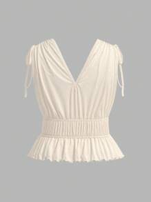 SHEIN MOD 加大码杏色优雅V领纹理针织毛衣，短款上衣。加大码荷叶边上衣。加大码奶油色上衣。加大码褶皱上衣。适合返校季、万圣节装扮