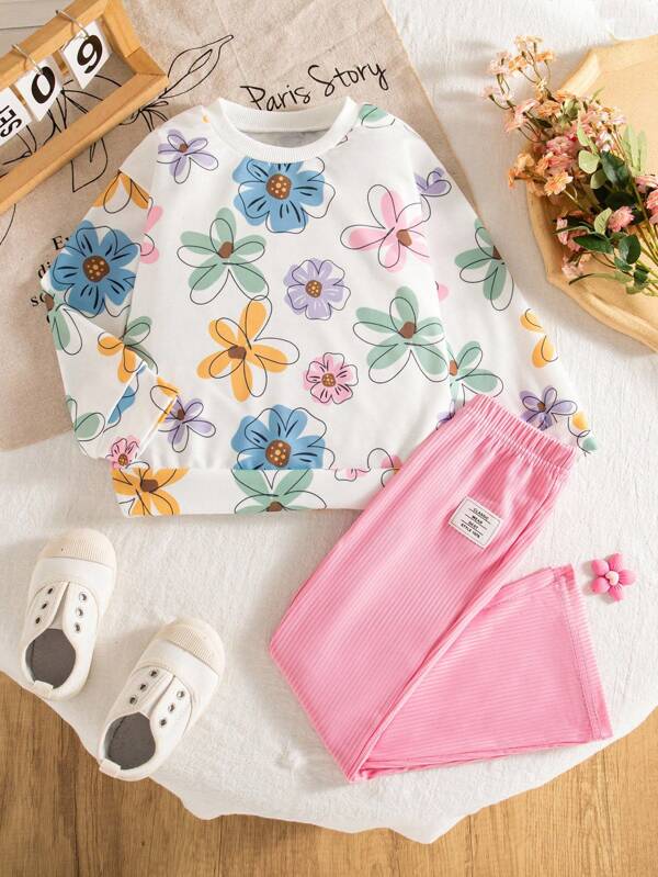 2 pièces/Set Jeune fille Imprimé floral Col côtelé Manches longues Sweat-shirt-shirt & Pantalon évasé rayé Costume de sport casual, Tenue de mode pour filles en automne et au printemps