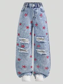 Jeans rectos holgados de lavado azul desgastado con estampado de estrella retro para niñas de talla grande, pantalones de mezclilla casuales para un estilo dulce de señora