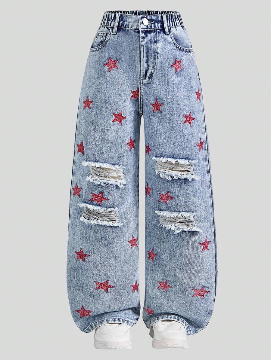 Jeans rectos holgados de lavado azul desgastado con estampado de estrella retro para niñas de talla grande, pantalones de mezclilla casuales para un estilo dulce de señora