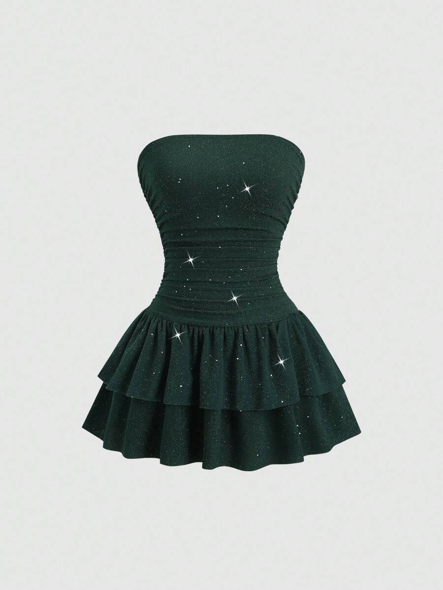Sweetra 全新闪亮面料优雅通勤休闲蛋糕下摆露肩束腰迷你连衣裙，夏季 - 墨綠色 - 查看 1
