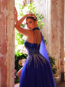 Glamrae Đầm Maxi cổ lệch vai thêu sequin ombre màu xanh navy thanh lịch & sang trọng với viền chân váy rộng & đuôi váy, đầm dạ hội trang trọng - Xanh đậm - Xem 6